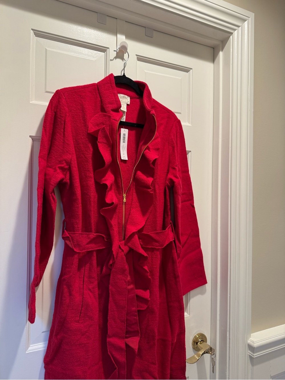 Chico's Bright Red Ruffle-Trim Zip Sweater Coat with Tie